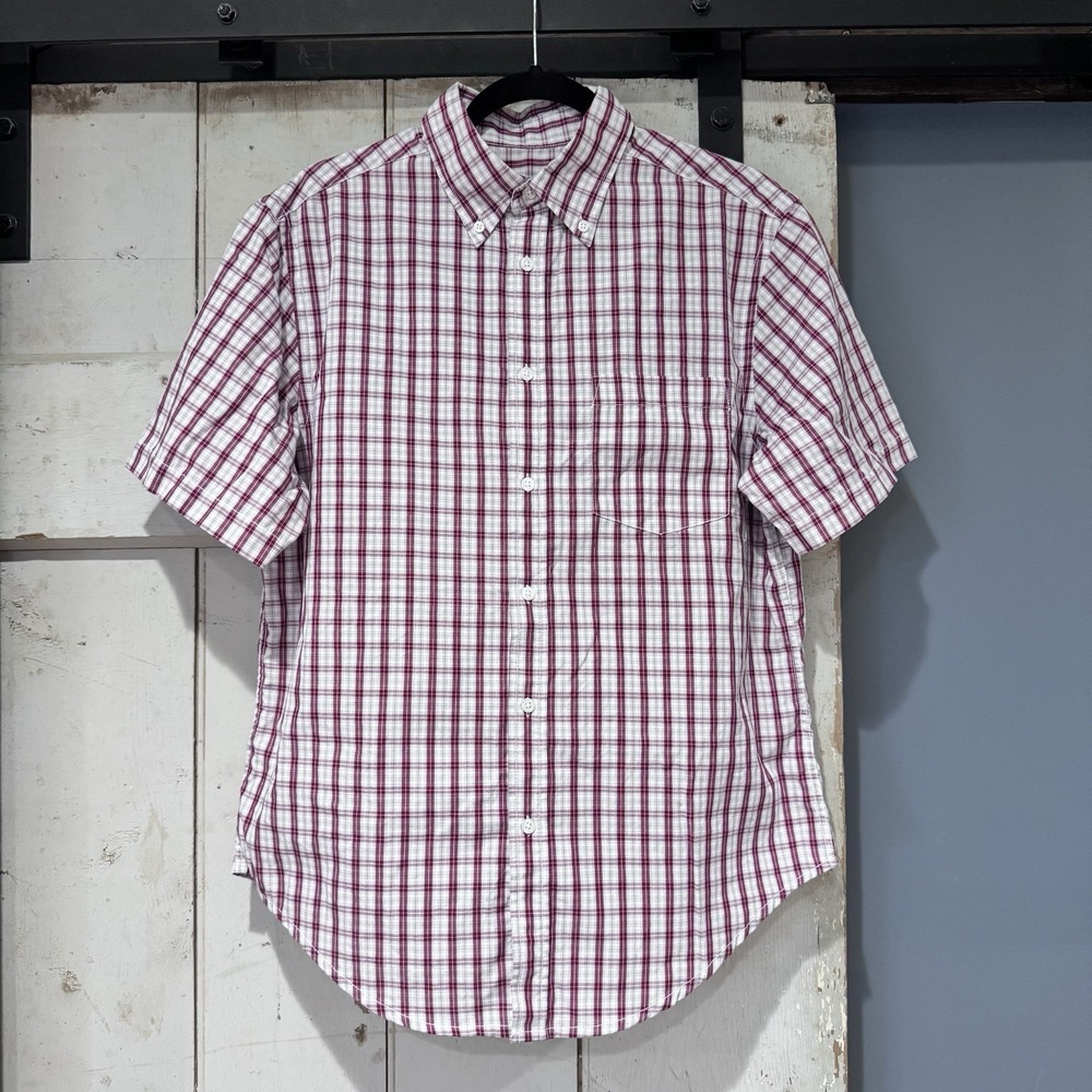 Merona SS Button Up Men's Med Red White Plaid Breast‎ Pocket Button Down Collar